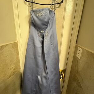 Vintage Light Blue Satin Strapless Evening Gown with Embroidered Bodice